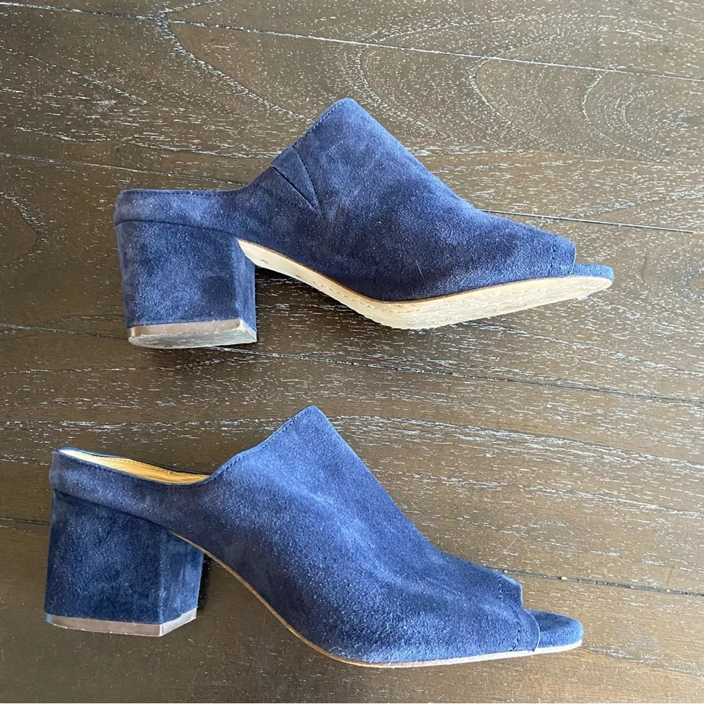 Splendid Navy‎ Blue Suede Leather Peep Toe Mules Sandals Heels Size 10
